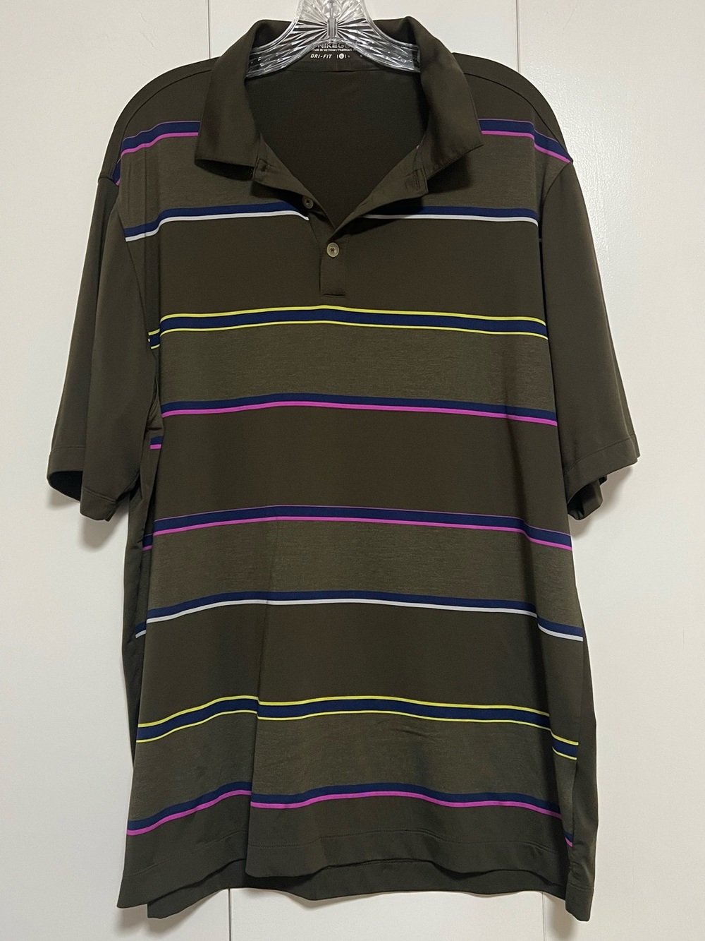 Nike Golf Dri-Fit Men’s Large Polo Olive Green Striped Short Sleeve Shirt